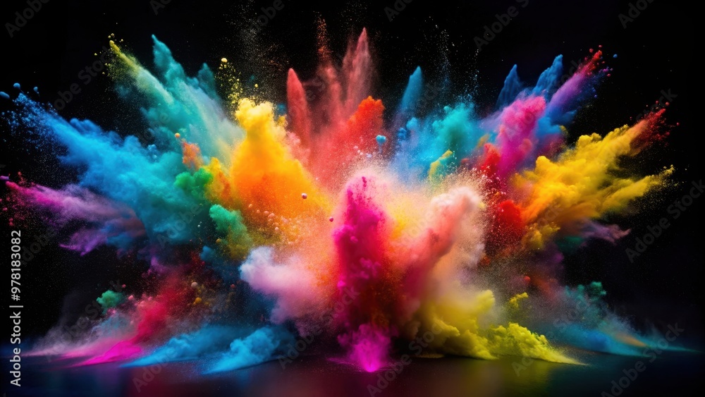 Explosion of colorful powders in mid-air against dark background, vibrant, colorful, powder, explosion, red, yellow, blue, green Explosion of colorful powders in mid-air against dark background, vibrant, colorful, powder, explosion, red, yellow, blue, green