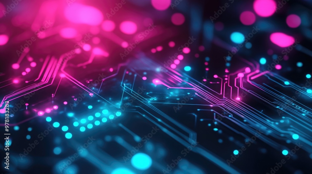 Digital Neon Colorful Background With Cyan And Magenta Diagonal Lines As Technology Circuit Board On Dark Surface Digital Neon Colorful Background With Cyan And Magenta Diagonal Lines As Technology Circuit Board On Dark Surface
