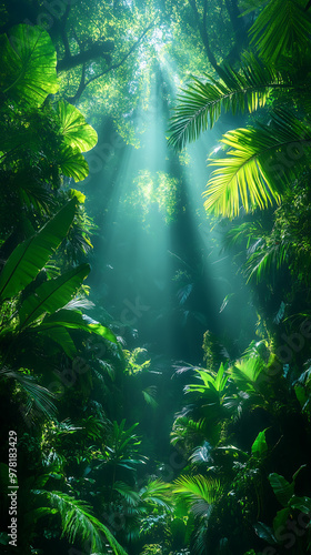 Lush tropical jungle with dense green foliage and soft sunlight filtering through the vibrant canopy photo