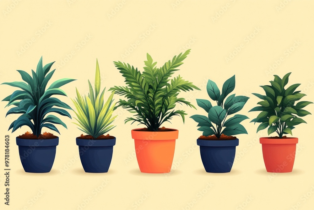 Illustration of Five Potted Plants on a Yellow Background Illustration of Five Potted Plants on a Yellow Background
