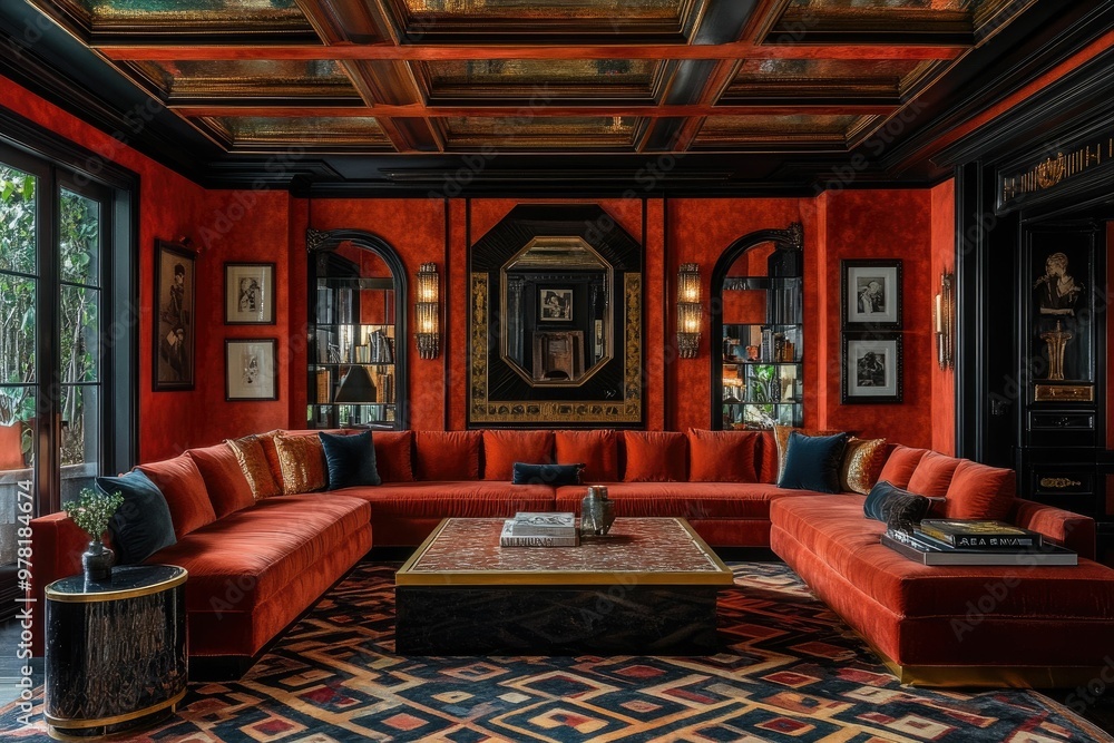 Luxurious living room with rich colors and elegant decor. Luxurious living room with rich colors and elegant decor.