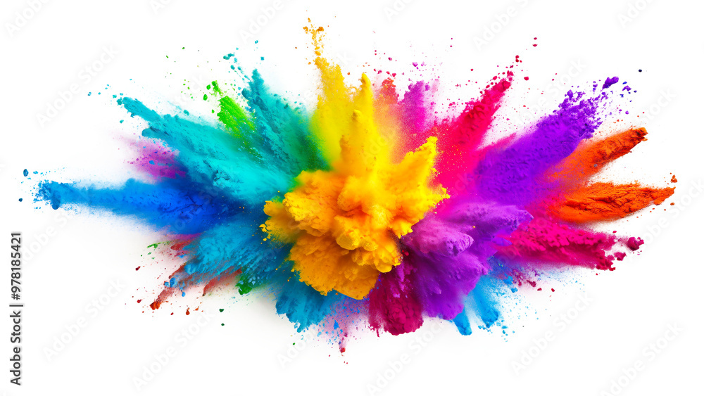 Colorful powder explosion isolated on transparent background, colorful splashes