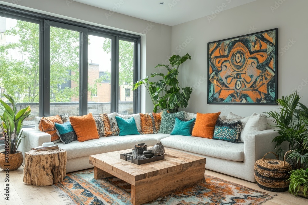 Cozy living room with modern decor and plants. Cozy living room with modern decor and plants.