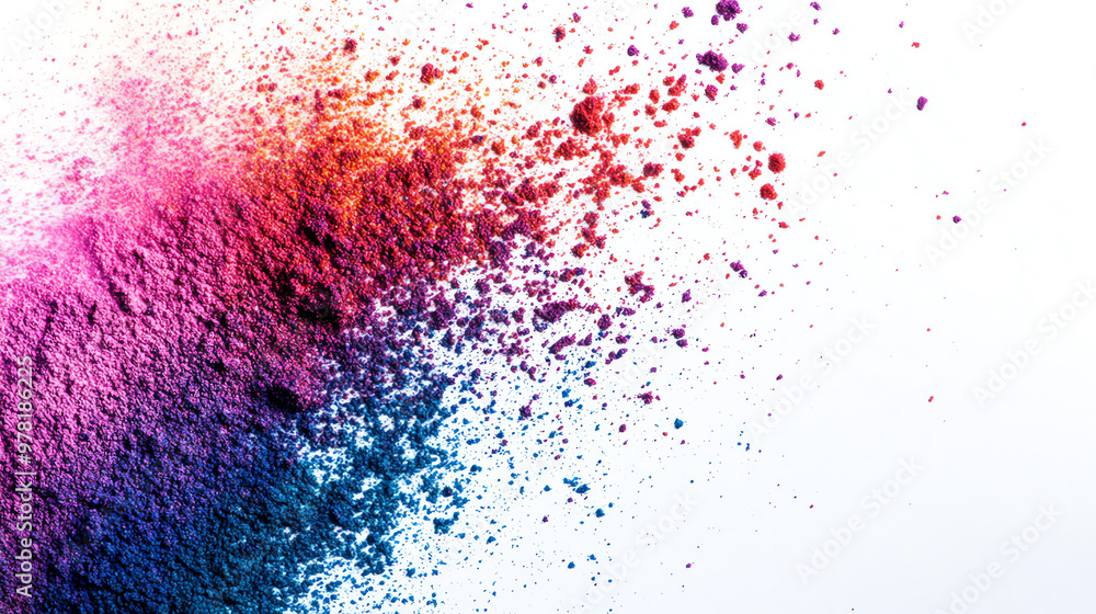 Obraz premium Vibrant colored powder bursts on a white background, creating a dynamic and artistic explosion of hues.