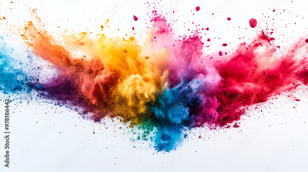Vibrant explosion of colorful powder creating a stunning abstract pattern against a white background. Vibrant explosion of colorful powder creating a stunning abstract pattern against a white background.