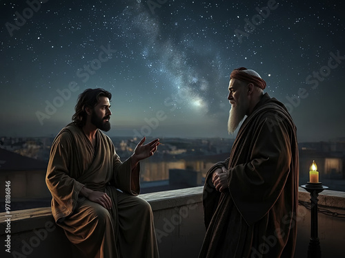 Gospel Images from the Bible NT - Jesus talks with Pharisee Nicodemus at night on roof saying need to be born again photo