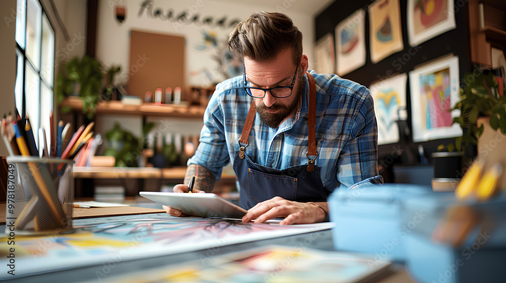 A graphic designer works on a tablet, designing marketing materials in a creative workspace