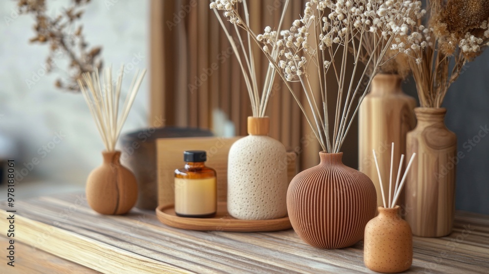 Minimalistic home decor with wooden reed diffusers and ceramic vases Minimalistic home decor with wooden reed diffusers and ceramic vases