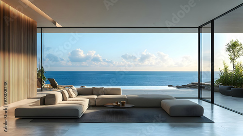 Modern Living Room Interior Design with Ocean View 3D Illustration