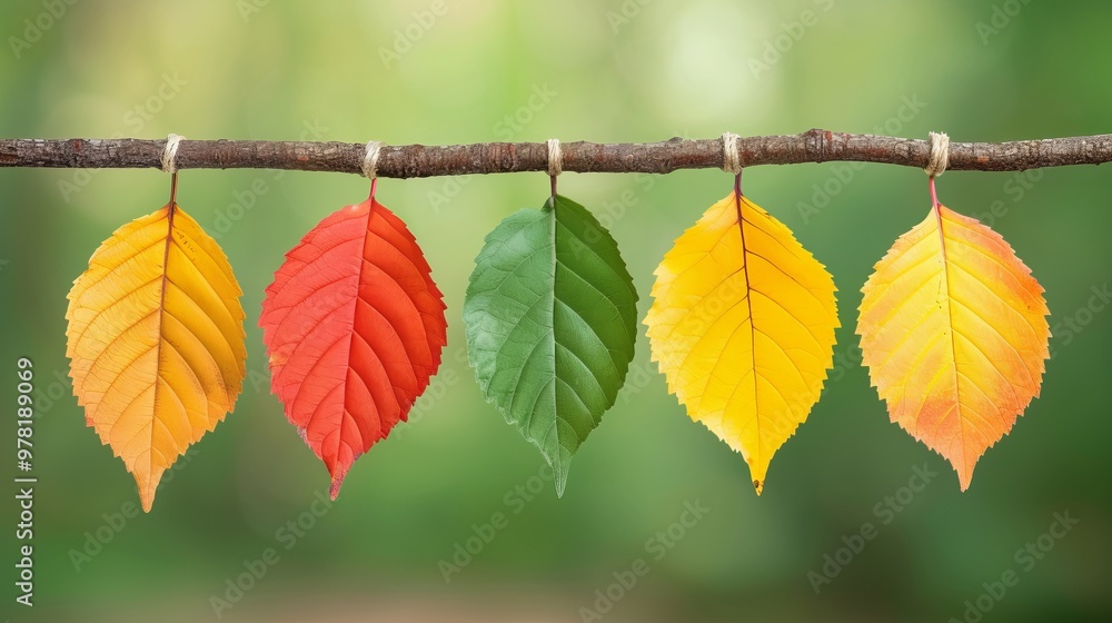 Obraz premium Colorful autumn leaves in different shades hanging on a twig with a blurred green background, symbolizing change and the beauty of nature.