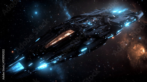 Massive dreadnought black spaceship futuristic sci-fi technology traveling through space, sleek glowing blue lights engines firing, extraterrestrial exploration vehicle photo