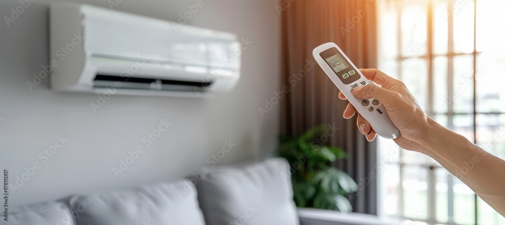 Turning On Cooling System. Hand Holding Remote Control, Directing It At The Air Conditioner. Turning On Cooling System. Hand Holding Remote Control, Directing It At The Air Conditioner.