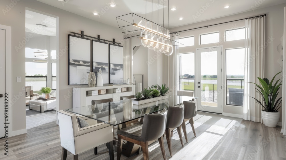 Fototapeta premium Contemporary dining room featuring a glass table, modern chairs, and a statement light fixture for a stylish look.