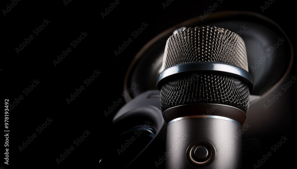 Microphone, speaker, record, speaking, recording, emcee, song, singer, singing, black background, close-up, illustration, design Microphone, speaker, record, speaking, recording, emcee, song, singer, singing, black background, close-up, illustration, design