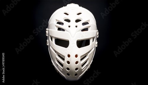 Field hockey mask, sports, wearing, equipment, protecting, hard, fear, horror, black background, close-up