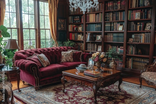 Elegant living room with bookshelves and cozy seating.