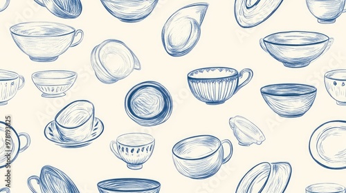 Hand drawn seamless pattern featuring crockery designs photo