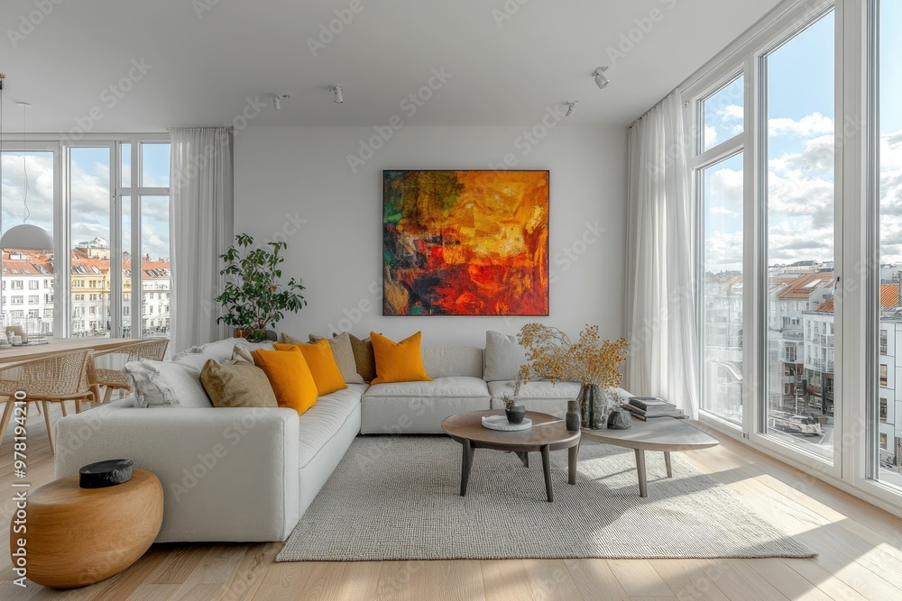 Fototapeta premium Modern living room with art and natural light.