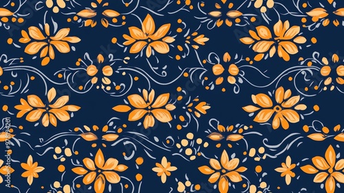 Repetitive tiny floral oriental orange rhombus with doodle tracery in a seamless design on a blue background Abstract small pattern