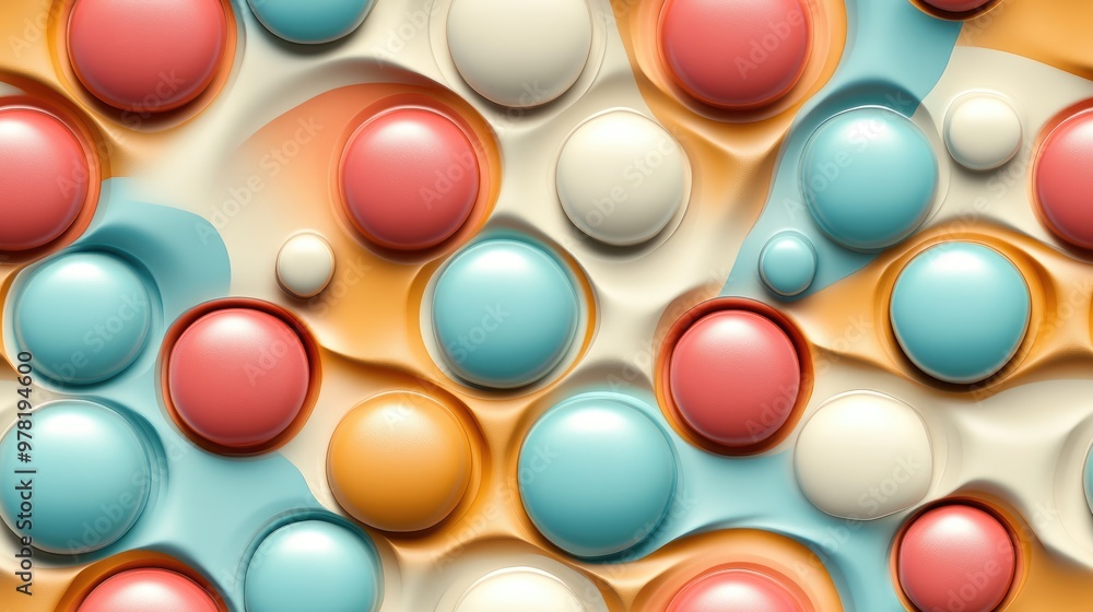 Colorful convex relief spotty bricks featuring three round concave circles in a seamless pattern Colorful convex relief spotty bricks featuring three round concave circles in a seamless pattern