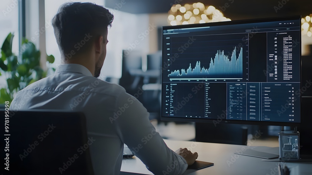 Businessman at desk analyzing revenue charts on digital screen, focused on financial growth and business success, office equipment in background Businessman at desk analyzing revenue charts on digital screen, focused on financial growth and business success, office equipment in background