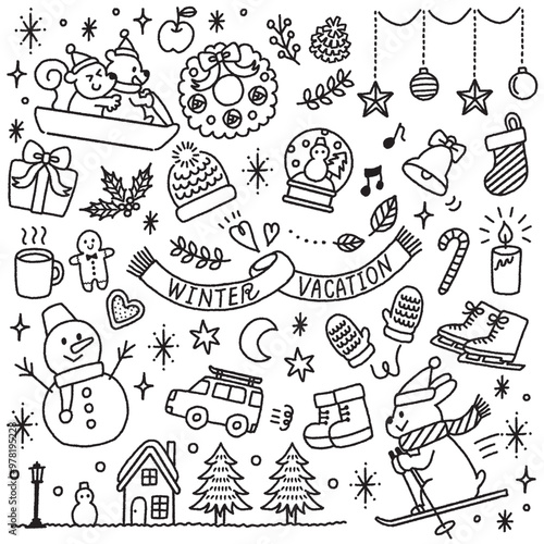 冬のかわいいモノクロのイラスト素材　アイコンセット