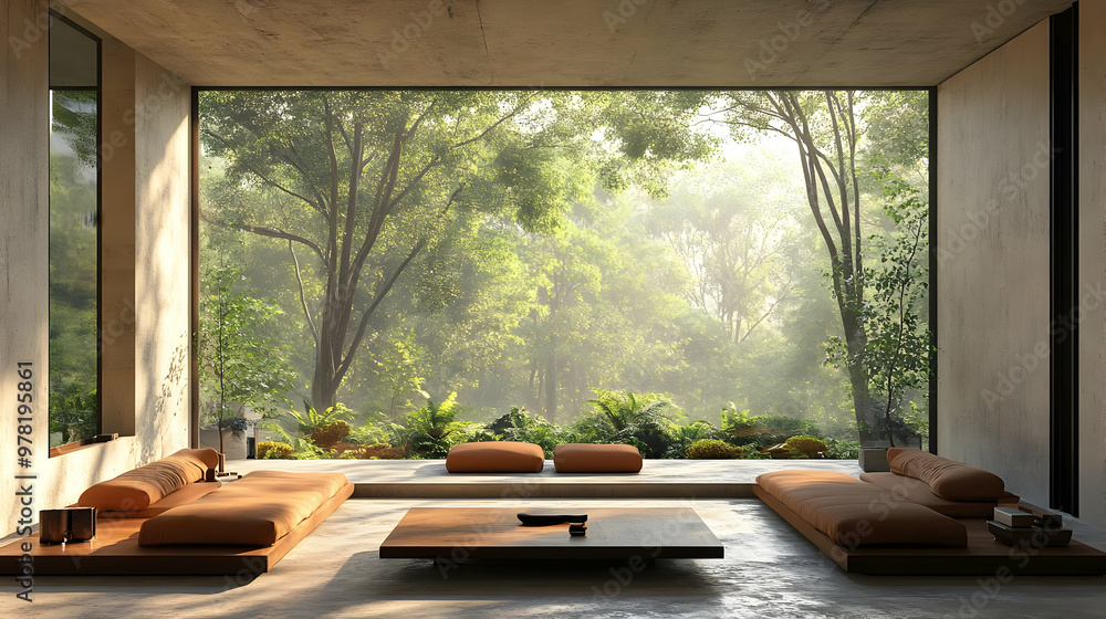 Fototapeta premium Modern Living Room with a View: 3D Render Illustration