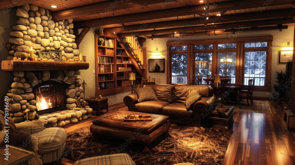 Cozy living room with a stone fireplace, comfortable furniture, and warm lighting for a welcoming atmosphere. Cozy living room with a stone fireplace, comfortable furniture, and warm lighting for a welcoming atmosphere.