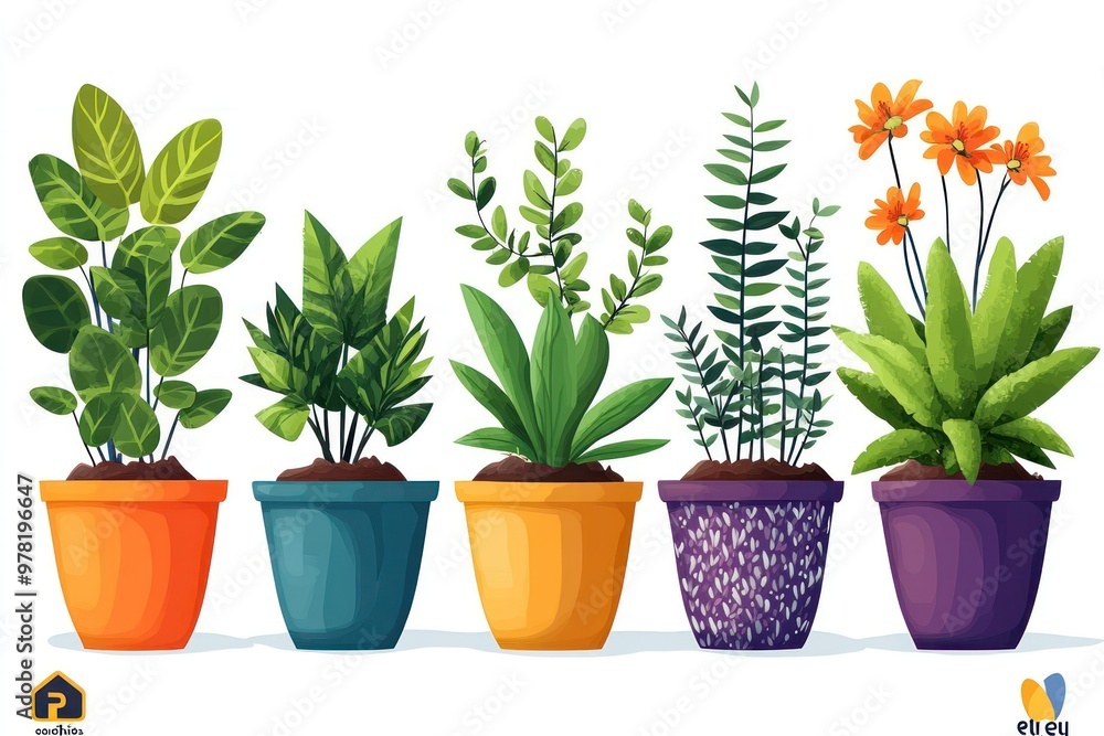 Illustration of Six Potted Plants with Green Leaves and Orange Flowers Illustration of Six Potted Plants with Green Leaves and Orange Flowers