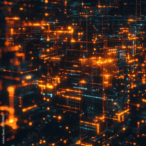 Abstract digital grid with glowing orange and blue lights.