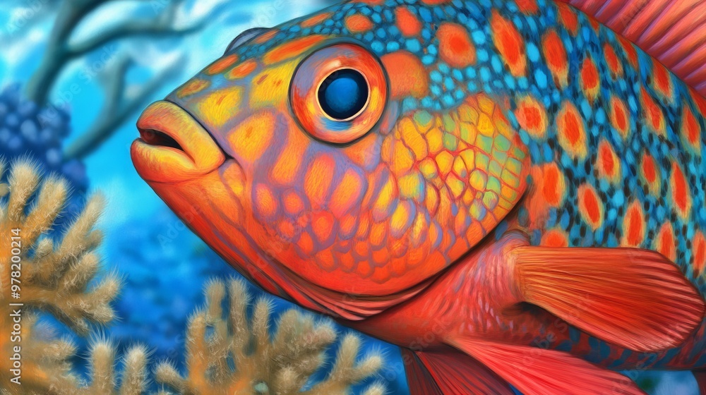 A vibrant and colorful fish with intricate patterns swims among coral, showcasing the beauty of underwater life. A vibrant and colorful fish with intricate patterns swims among coral, showcasing the beauty of underwater life.