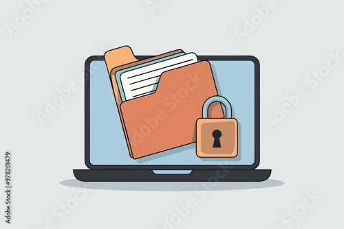 File folder on laptop screen and padlock, data storage and privacy concept.