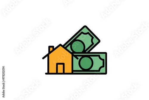 House icon and money notes, finance and property concept.