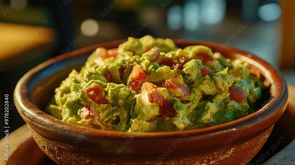 Close up of chunky guacamole in a ceramic bowl showcasing the vibrant essence of a popular dish in traditional cuisine Close up of chunky guacamole in a ceramic bowl showcasing the vibrant essence of a popular dish in traditional cuisine