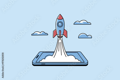 Rocket taking off from a cell phone, technology and startup concept.