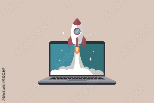 Rocket taking off from laptop, technology and startup concept.