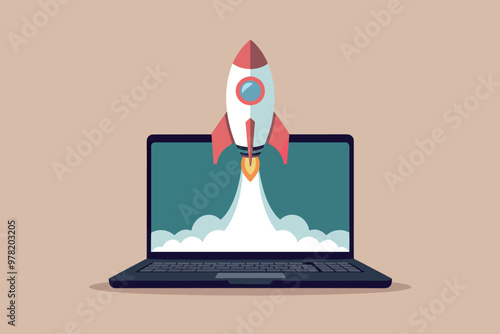 Rocket taking off from laptop, technology and startup concept.