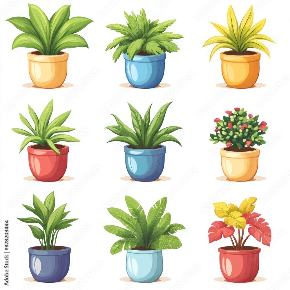 Illustration of Nine Potted Plants with Different Colors and Shapes Illustration of Nine Potted Plants with Different Colors and Shapes