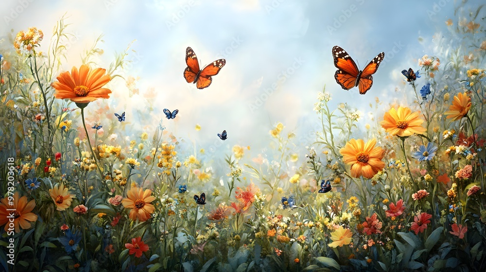 An artistic portrayal of a lush meadow filled with blooming wildflowers and butterflies, capturing the essence of the local ecosystem's diversity An artistic portrayal of a lush meadow filled with blooming wildflowers and butterflies, capturing the essence of the local ecosystem's diversity