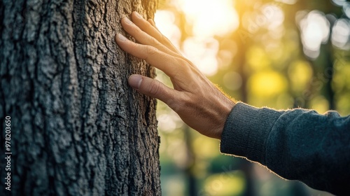 Close up of a man s hand gently touching the bark of a tree symbolizing environmental care and the concept of nature conservation and love for the planet