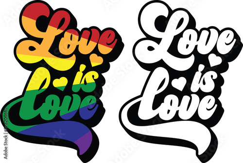 Love is love LGBTQ pride rainbow text design.
