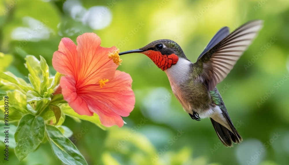 Hummingbird Feeding on a Hibiscus Flower. Hummingbird Feeding on a Hibiscus Flower.