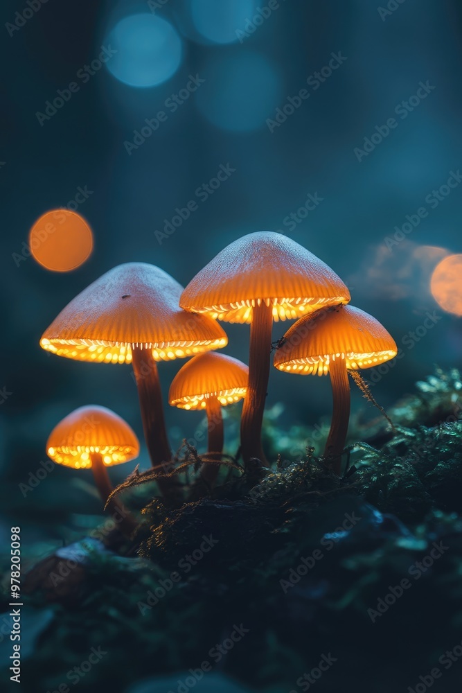 Fototapeta premium Close up of enchanting glowing mushrooms in a dark mysterious forest featuring beautiful macro details and magical light effects amidst fog Captivating atmosphere and selective focus