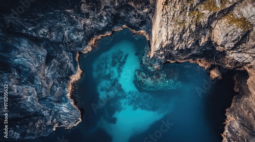 Aerial view of a rocky cliff featuring a turquoise sulfur lake at sunrise showcasing a breathtaking natural landscape