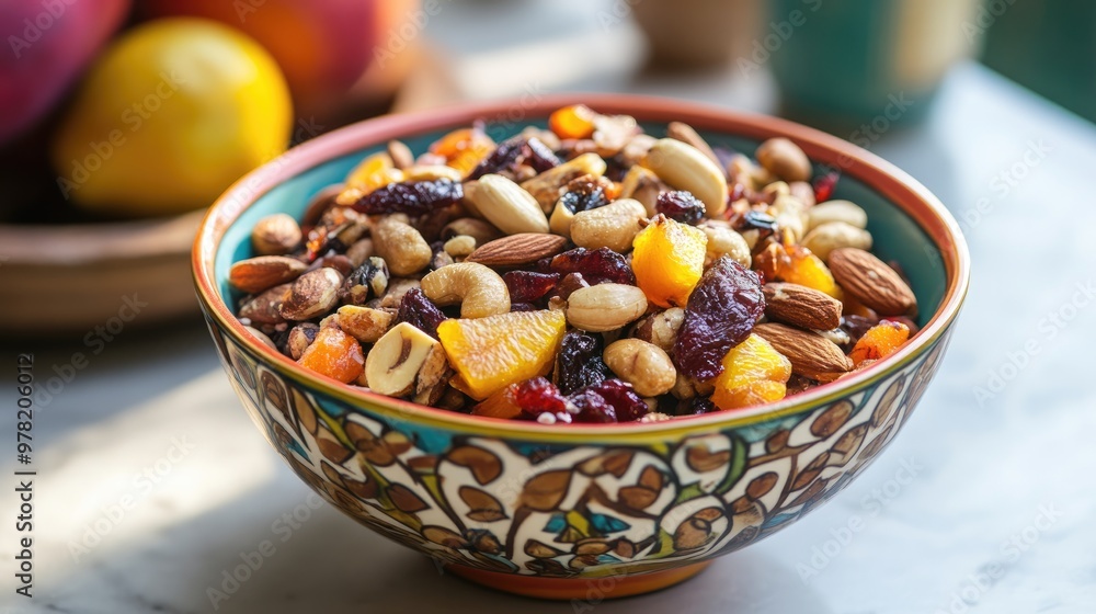 Vibrant side view of a colorful bowl filled with a high energy trail mix featuring roasted nuts and fruit Vibrant side view of a colorful bowl filled with a high energy trail mix featuring roasted nuts and fruit