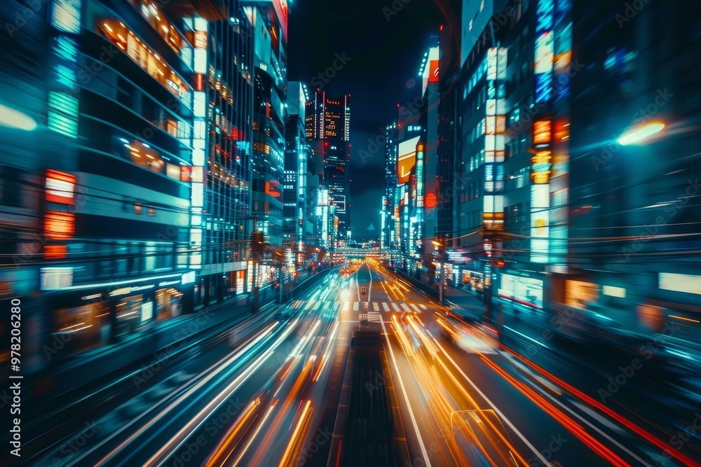 Neon Night Cityscape, Blurred Motion of Urban Traffic, Modern Metropolis Lit by Glowing Lights. Neon Night Cityscape, Blurred Motion of Urban Traffic, Modern Metropolis Lit by Glowing Lights.