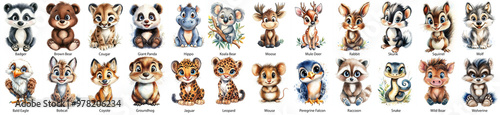 A colorful set of cute little animals on a white background