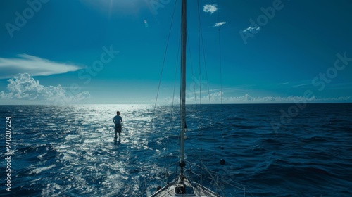 lone sailor standing on the deck of a yacht, gazing out at the open ocean