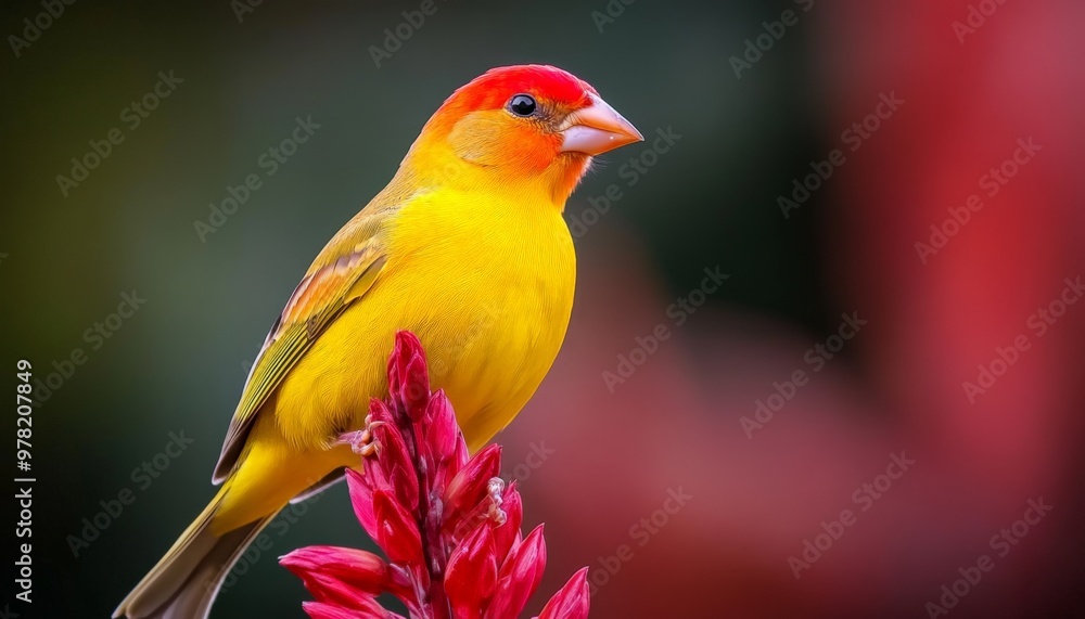 Yellow Bird on a Red Flower. Yellow Bird on a Red Flower.