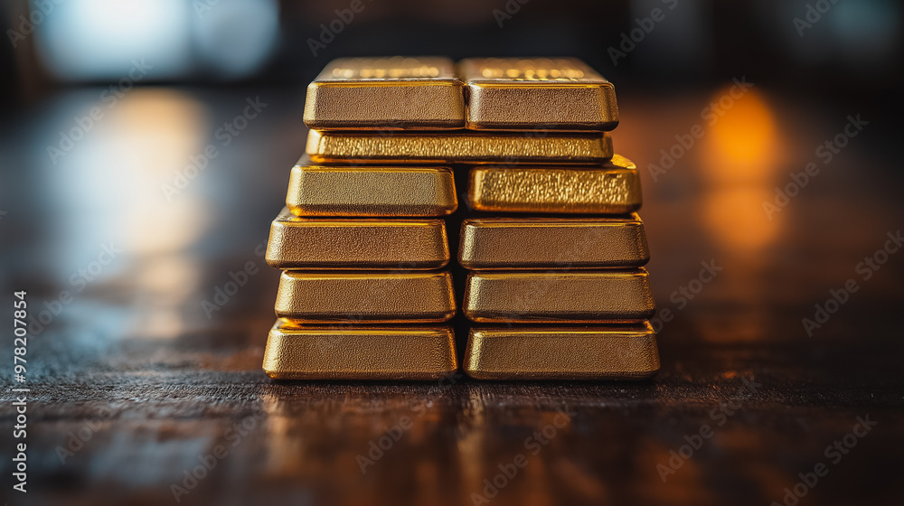 A stack of gold bars on a wooden table. The bars are stacked on top of each other, creating a pyramid shape. Concept of wealth and luxury, as gold is often associated with high value and prestige A stack of gold bars on a wooden table. The bars are stacked on top of each other, creating a pyramid shape. Concept of wealth and luxury, as gold is often associated with high value and prestige